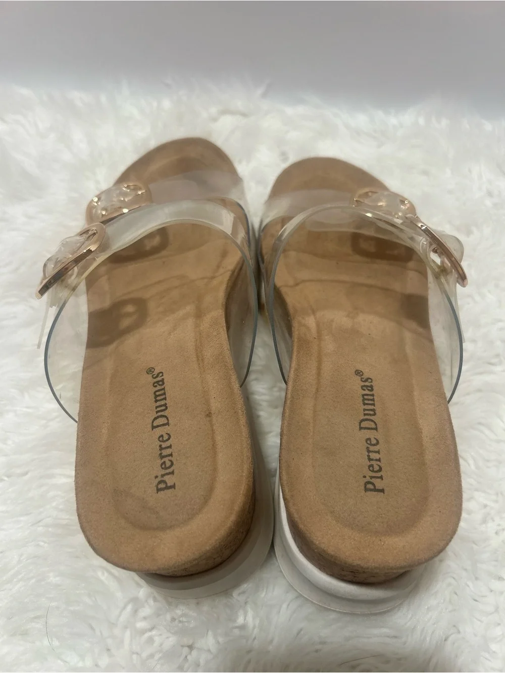 Pierre Dumas Clear Wedge Slide Sandals with Gold Buckles 8